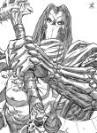  apoloniodraws darksiders death_(darksiders) highres holding holding_weapon lineart looking_at_viewer mask medium_hair nipples scarf scythe skull skull_mask weapon 