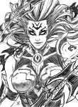 1girl apoloniodraws armor breasts darksiders eyes facial_tattoo fury_(darksiders) greyscale highres lineart lips looking_at_viewer monochrome tattoo weapon whip_sword 