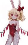  1girl absurdres alternate_wings animal_ears arm_at_side arm_behind_back bare_shoulders blonde_hair blush bow breasts bunny_ears collarbone contrapposto covered_navel cowboy_shot fake_animal_ears fishnet_legwear fishnets flandre_scarlet groin hand_on_hip highres legs_apart leotard looking_at_viewer medium_hair one_side_up playboy_bunny pointy_ears red_bow red_eyes red_leotard reddizen simple_background slit_pupils small_breasts smile solo standing strapless strapless_leotard touhou wavy_hair white_background wings 