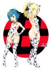  1girl 2021 2girls animal_ears animal_print aqua_eyes armpits arms_behind_head arms_up background_text bangs bell blonde_hair blue_eyes blue_hair blunt_bangs braid breasts chinese_zodiac closed_mouth commentary_request covered_navel covered_nipples cow_ears cow_horns cow_print elbow_gloves fake_animal_ears fake_horns gloves groin halterneck hand_on_hip hand_on_own_thigh highres horns kanji lana_(pokemon) leotard lillie_(pokemon) looking_at_viewer medium_breasts medium_hair multiple_girls neck_bell new_year open_mouth pokemon pokemon_(game) pokemon_sm ponytail print_gloves print_legwear print_leotard short_hair side_cutout sideboob simple_background small_breasts smile solo standing thighhighs tof translated white_background white_gloves white_legwear white_leotard year_of_the_ox 