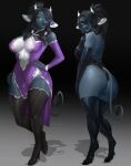  2021 anthro areola areola_slip armwear black_hair bovid bovine breasts bremonqueen_(artist) butt cattle cleavage clothed clothing elbow_gloves female front_view fur gloves green_eyes grey_body grey_fur hair hair_over_eye hand_on_hip handwear hi_res hooves horn legwear looking_at_viewer looking_back mammal multiple_poses nipple_outline nipples one_eye_obstructed pigtails ponytail pose rear_view skimpy solo standing thigh_highs 