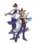  2boys back-to-back black_hair blonde_hair blue_eyes boots brown_hair floating_clothes highres jacket jacket_on_shoulders kaiba_seto male_focus multicolored_hair multiple_boys purple_hair spiked_hair standing tom_liu white_background white_jacket yami_yuugi yu-gi-oh! 