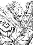  apoloniodraws arm_up armor darksiders greyscale gun highres holding holding_weapon lineart mask monochrome pointy_hair scarf signature strife_(darksiders) weapon 