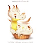  2021 ambiguous_gender beady_eyes blue_eyes brown_body cryptid-creations cupcake dragon english_text food food_creature horn meringue_(food) simple_background solo text url white_background white_body wings yellow_body 
