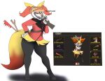  anthro big_ears braixen breasts canid canine cosplay dialogue female female/female fox fur grabbing gun hi_res mammal nintendo open_mouth pok&eacute;mon pok&eacute;mon_(species) ranged_weapon red_eyes red_nose scout_(team_fortress_2) simple_background small_breasts solo team_fortress_2 thick_tail thick_thighs valve video_games weapon wide_hips yellow_body yellow_fur 