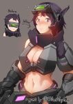  1girl before_and_after blush breasts cleavage commission girls_frontline highres large_breasts navel pink_eyes pixiv_request purple_hair sangvis_ferri short_hair striker_(girls_frontline) triangle_bullet visor 