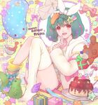  1girl ahoge ai-kun blush braid cake crown_braid fang food green_hair hair_ornament hairclip happy_birthday kimidori_(kimidoriri) leg_garter macross macross_frontier mail multicolored_hair oosanshouuo-san purple_hair ranka_lee red_eyes short_hair single_thighhigh smile streaked_hair stuffed_animal stuffed_toy tea teddy_bear thighhighs 