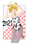  1girl 2021 absurdres ahoge animal_print arms_up artist_name ass_visible_through_thighs bangs bare_shoulders bell black_border blonde_hair border breasts commentary_request cow_horns cow_print cowboy_shot eyebrows_visible_through_hair grey_legwear hands_on_own_head highres horns kusano_kouichi leotard looking_at_viewer neck_bell new_year oniichan_no_koto_nanka_zenzen_suki_janain_dakara_ne!! open_mouth outside_border pantyhose playboy_bunny_leotard print_leotard short_hair side-tie_leotard small_breasts smile solo standing takanashi_nao white_leotard wrist_cuffs 