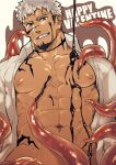  1boy abs bara bare_pecs chocolate chocolate_on_body chocolate_on_face cowboy_shot dark_skin dark_skinned_male facial_hair flee_ad food food_on_body food_on_face goatee happy_valentine highres large_pectorals male_focus mature_male muscular muscular_male navel nipples open_clothes open_shirt original sexually_suggestive short_hair sideburns smile solo spilling stomach tentacles tentacles_on_male valentine 