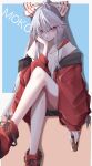  1girl absurdres black_shorts blue_background border bow can casual character_name crossed_legs fall_dommmmmer fujiwara_no_mokou hair_bow head_rest highres holding holding_can jacket long_hair looking_at_viewer red_eyes red_footwear red_jacket shirt shoes shorts silver_hair sitting sneakers soda_can solo touhou very_long_hair white_border white_bow white_shirt 