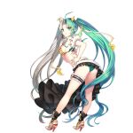  1girl bikini black_skirt boots brave_sword_x_blaze_soul fake_horns frilled_skirt frills full_body green_eyes green_hair hand_on_hip high_heels horns leg_garter long_hair long_skirt multicolored_hair nardack official_art simple_background skirt solo standing swimsuit tiger_stripes twintails two-tone_hair v-shaped_eyebrows very_long_hair white_background white_hair 