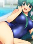  1girl :d alternate_costume bare_legs blue_eyes blue_swimsuit blurry blurry_background blush breasts commentary eyebrows_visible_through_hair green_hair hair_between_eyes hair_ornament hair_tubes hand_in_hair kochiya_sanae long_hair looking_at_viewer lying medium_breasts on_side one-piece_swimsuit open_mouth pool poolside school_swimsuit sidelocks skin_tight smile snake_hair_ornament solo swimsuit thighs touhou wet wet_clothes wet_swimsuit yadokari_genpachirou 