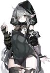  1girl ahoge arknights armband bangs breasts flower goggles goggles_around_neck grey_hair highres hood hood_up hoodie idashige_(walkietalkie) pointy_ears skin_tight small_breasts solo thighhighs thighs tomimi_(arknights) torn_clothes torn_legwear 