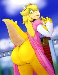  alternate_species anthro anthrofied big_butt blonde_hair bottomwear butt claws clothed clothing collar crown dress female hair hi_res koopa long_hair mammal mario_bros mario_bros_(series) nintendo princess_koopa princess_peach raised_bottomwear raised_clothing raised_skirt raised_tail scalie skirt solo spiked_collar spikes subakitsu torn_clothing video_games 