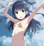  1girl bikini blue_hair braid breasts brown_bikini cloud cloudy_sky commentary green_eyes hair_ornament hands_up kokekokko_coma looking_at_viewer navel open_mouth original oversized_breast_cup sky small_breasts solo string_bikini swimsuit 