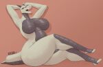  2021 anthro big_breasts big_butt breasts butt curvy_figure dragon eyes_closed featureless_breasts female hands_behind_head hi_res horn huge_breasts huge_butt kkoart long_neck lying non-mammal_breasts open_mouth scales simple_background solo stretching thick_thighs voluptuous wide_hips yawn 