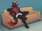  athletic black_body black_fur blue_body blue_fur briefs clothing dragon fur furniture green_eyes hair hi_res horn living_room male pawpads red_body red_fur red_hair sebtheredpanda simple_background sitting sofa solo tighty_whities underwear white_clothing white_underwear 