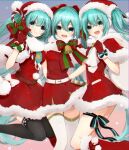  3girls aqua_eyes aqua_hair bell belt black_legwear capelet christmas dress ebi_(yzpiyo039) eyebrows_visible_through_hair fur-trimmed_headwear gift girl_sandwich gloves hair_ornament hat hatsune_miku holding long_hair looking_at_viewer multiple_girls open_mouth pom_pom_(clothes) red_footwear red_gloves red_headwear sack sandwiched santa_costume santa_hat short_dress side-by-side smile striped thighhighs twintails very_long_hair vocaloid white_legwear zettai_ryouiki 