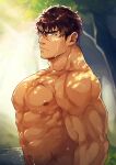  1boy abs bara borrowed_character brown_hair dark_skin dark_skinned_male expressionless flee_ad forest highres large_pectorals looking_at_viewer male_focus mature_male muscular muscular_male nature navel nipples original pond scar scar_on_chest scar_on_face scar_on_nose short_hair sideburns solo stomach sunlight upper_body wet yellow_eyes 