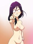  1girl blush breasts glasses gradient gradient_background groin hand_on_hip hibike!_euphonium medium_breasts navel nipples opaque_glasses parted_lips pointing pointing_at_viewer red-framed_eyewear rimless_eyewear solo_focus standing tanaka_asuka yuki_(12cut) 