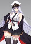  azur_lane belt black_belt black_coat black_legwear black_neckwear black_skirt blue_eyes breasts coat collared_shirt enterprise_(azur_lane) gold_trim hat highres large_breasts long_hair military_hat miniskirt necktie open_clothes open_coat peaked_cap pleated_skirt sakura_oinari shirt silver_eyes silver_hair skirt sleeveless sleeveless_shirt thighhighs underbust very_long_hair white_headwear white_shirt 