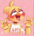  ahegao animatronic anthro avian beak bib bird blush blushing_profusely bodily_fluids breasts chicken choker double_v_sign eye_roll eyelashes eyeshadow female five_nights_at_freddy&#039;s five_nights_at_freddy&#039;s_2 galliform gallus_(genus) gesture hi_res jewelry looking_pleasured machine makeup necklace non-mammal_breasts phasianid robot saliva saliva_on_tongue smile solo toy_chica_(fnaf) unknown_artist v_sign video_games 