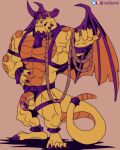  barazoku boris_(disambiguation) boris_(spyro) broken_horn collar harness himbo horn looking_at_viewer male male/male membrane_(anatomy) membranous_wings muscular rickleone rope scalie wings yellow_body 