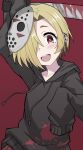  1girl black_hoodie blonde_hair blood blood_splatter bloody_weapon crossover earrings friday_the_13th hair_over_eyes halulu happy highres hockey_mask holding holding_knife hood hood_down hoodie idolmaster idolmaster_cinderella_girls jewelry knife long_sleeves looking_at_viewer multiple_earrings open_mouth red_background red_eyes shirasaka_koume short_hair simple_background solo very_short_hair weapon 