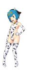  1girl animal_ears animal_print bangs bell blue_eyes blue_hair breasts commentary_request covered_navel covered_nipples cow_ears cow_horns cow_print elbow_gloves fake_animal_ears fake_horns gloves groin hand_on_hip hand_on_own_thigh highres horns lana_(pokemon) leotard looking_at_viewer neck_bell open_mouth pokemon pokemon_(game) pokemon_sm print_gloves print_leotard short_hair side_cutout sideboob small_breasts smile solo standing thighhighs tof white_gloves white_legwear white_leotard 