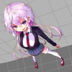  1girl ahoge blazer blue_skirt collared_shirt dutch_angle from_above hair_between_eyes highres jacket kotonohanoko large_ribbon long_hair mary_janes necktie purple_eyes purple_hair red_footwear red_neckwear senki_zesshou_symphogear shirt shoes skirt solo thighhighs twintails white_legwear white_shirt yukine_chris 