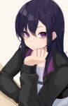  1girl black_hair black_jacket braid closed_mouth expressionless hair_between_eyes hand_up head_rest highres ichinose_uruha idashige_(walkietalkie) jacket long_hair long_sleeves looking_at_viewer lupinus_virtual_games open_clothes open_jacket purple_eyes shirt sidelocks simple_background solo upper_body virtual_youtuber white_background white_shirt 