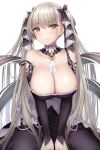  1girl azur_lane bangs bare_shoulders between_breasts black_bow black_dress blush bow breasts cleavage closed_mouth collarbone detached_collar detached_sleeves dress earrings expressionless eyebrows_visible_through_hair formidable_(azur_lane) frilled_dress frills hair_bow highres jewelry large_breasts long_sleeves looking_at_viewer mizuya_nao red_eyes silver_hair simple_background sitting solo straight_hair stud_earrings twintails white_background 