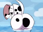  101_dalmatian_street 101_dalmatians anthro bedroom_eyes big_butt black_spots butt canid canine canis dalmatian dee_dee_(101_dalmatians) disney domestic_dog female fur genitals hi_res looking_at_viewer looking_back mammal narrowed_eyes nude outside partially_submerged presenting presenting_hindquarters pussy raised_tail sea seductive smile solo spots teeth water white_body white_fur whitewolf20xx 