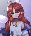  1girl absurdres ahoge arknights bare_shoulders blue_eyes blush closed_mouth earrings head_tilt highres jewelry klaius long_hair looking_at_viewer myrtle_(arknights) pointy_ears purple_scarf red_hair scarf shirt smile solo upper_body white_shirt 