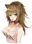  1girl animal_ears arknights bare_shoulders black_choker breasts brown_hair choker cleavage collarbone covered_nipples cropped_torso expressionless highres idashige_(walkietalkie) lion_ears long_hair looking_at_viewer medium_breasts mouth_hold no_bra no_jacket ponytail shirt siege_(arknights) simple_background sleeveless sleeveless_shirt solo tank_top white_background white_shirt yellow_eyes 