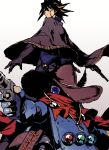  2boys bandana_over_mouth black_hair blonde_hair blue_eyes cowboy_hat duel_monster ebira fingerless_gloves fudou_yuusei gloves gun hat holding holding_gun holding_weapon jacket male_focus multicolored_hair multiple_boys poncho quickdraw_synchron red_bandana revolver short_hair spiked_hair streaked_hair two-tone_hair weapon white_background yu-gi-oh! yu-gi-oh!_5d&#039;s 