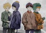  &gt;_o 4boys bangs beanie black_hair blonde_hair blue_eyes blue_headwear blue_jacket brown_jacket closed_mouth copyright_name craig_tucker gloves green_eyes green_gloves green_headwear grey_background hands_in_pockets hat highres holding_hands jacket kyle_broflovski leopold_stotch long_sleeves messy_hair multiple_boys one_eye_closed open_mouth orange_hair orange_jacket pants pom_pom_(clothes) simple_background south_park stan_marsh sweat unye_00 yellow_eyes 