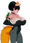  1girl alternate_breast_size avatar:_the_last_airbender avatar_(series) bare_shoulders black_gloves black_hair black_leotard black_lips blind bowsette bowsette_(cosplay) breasts cleavage cosplay covered_navel crown elbow_gloves english_commentary fake_horns from_side gloves grey_eyes grey_legwear hair_bun hairband highleg highleg_leotard highres horns huge_breasts leotard mario_(series) mini_crown morganagod new_super_mario_bros._u_deluxe pantyhose red_hairband short_hair solo spiked_shell spiked_tail strapless strapless_leotard studded_armlet super_crown tail toph_bei_fong turtle_shell 
