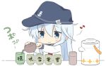  1girl airpot anchor_symbol bangs blue_eyes blue_headwear chibi cup eyebrows_visible_through_hair flat_cap hat hibiki_(kancolle) hizuki_yayoi kantai_collection long_hair long_sleeves musical_note pouring sailor_collar school_uniform serafuku silver_hair simple_background smile solo tea teapot white_background 