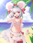  1girl :d absurdres animal_ears balloon beach beach_towel bikini blue_sky blush cowboy_shot day eyewear_on_head granblue_fantasy green-framed_eyewear grey_hair hand_up head_tilt highres huge_filesize jacket klaius light_rays looking_at_viewer medium_hair miniskirt mouse mouse_ears navel ocean open_mouth outdoors palm_tree parasol pink_bikini pleated_skirt red_eyes sand skirt sky smile solo star-shaped_eyewear striped striped_bikini sun sunglasses swimsuit towel tree umbrella vikala_(granblue_fantasy) white_skirt 