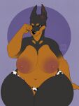  3:4 angry anthro areola big_areola big_breasts black_body black_fur breasts brooke_(gbg) brown_body brown_fur canid canine canis clothed clothing dobermann domestic_dog eliotak female fur hi_res huge_breasts mammal overweight overweight_female panties pinscher rubbing_eyes simple_background sitting solo thick_thighs tired topless underwear wide_hips 