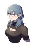  1girl bangs black_clothes blue_eyes blue_hair blush breasts byleth_(fire_emblem) byleth_(fire_emblem)_(female) cleavage cleavage_cutout closed_mouth clothing_cutout commentary_request cropped_torso eyebrows_visible_through_hair fire_emblem fire_emblem:_three_houses hair_between_eyes long_hair looking_at_viewer riromomo short_sleeves simple_background smile solo turtleneck upper_body white_background 