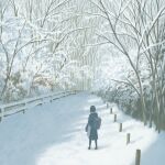  1girl backpack bag black_dress black_hair brown_footwear dress fence from_behind highres leaf original outdoors plant shadow shoes short_hair snow solo standing tree wide_shot yomoya_oc10 