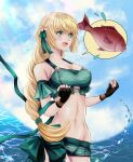  1girl :d bangs bare_shoulders bikini black_gloves blonde_hair blue_sky blush_stickers breasts cloud commentary_request cowboy_shot day eyebrows_visible_through_hair fingerless_gloves fire_emblem fire_emblem:_three_houses fire_emblem_heroes fish flower gloves green_bikini green_eyes green_ribbon groin hair_flower hair_ornament hair_ribbon ingrid_brandl_galatea long_hair medium_breasts navel off-shoulder_bikini off_shoulder open_mouth outdoors partial_commentary ribbon sky smile solo standing stomach swimsuit ura_komaru water 