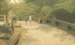  ambiguous_gender black_hair black_shorts blue_shirt blue_shorts bridge fence from_behind grass highres original outdoors plant shadow shirt short_hair shorts stairs tree white_shirt yomoya_oc10 