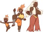  3girls abs arm_wrap bandages blaziken blue_eyes clenched_hand combusken dark_skin fighting_stance gen_3_pokemon grin height_difference leg_wrap multiple_girls muscular orange_eyes orange_hair orange_shorts pants personification pokemon ponytail red_pants scar shorts simple_background smile torchic white_background white_hair 