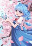  1girl :d absurdres bangs beautiful_witch_sakuran blue_bow blue_dress blue_eyes blue_hair blurry blurry_foreground blush bow bowtie breasts cherry_blossoms cirno commentary_request day dress eyebrows_visible_through_hair flower frozen hair_bow highres huge_filesize ice ice_wings looking_at_viewer open_mouth outdoors pinafore_dress pink_flower puffy_short_sleeves puffy_sleeves red_bow red_neckwear shirt short_hair short_sleeves small_breasts smile solo touhou upper_body white_shirt wings 