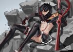  1boy abs bangs black_eyes black_footwear black_hair black_skirt blush boots crossdressing genderswap genderswap_(ftm) grey_background highres holding holding_weapon kill_la_kill korean_commentary living_clothes male_focus matoi_ryuuko rock rubble scissor_blade simple_background sitting skirt solo suspenders sweat thigh_boots thighhighs toned unye_00 weapon 