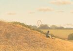  1girl black_footwear black_hair black_shorts cloud ferris_wheel grass grey_legwear highres original outdoors shoes short_hair shorts sitting socks solo_focus suspenders tree_branch wide_shot yomoya_oc10 