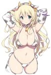  1girl animal_ears animal_print atago_(kancolle) bell bikini blonde_hair blue_eyes blush closed_mouth collarbone cow_ears cow_horns cow_print cow_tail cowbell cropped_legs dated elbow_gloves eyebrows_visible_through_hair gloves hair_between_eyes horns kantai_collection long_hair navel odawara_hakone simple_background smile solo swimsuit tail thighhighs twitter_username white_background white_bikini white_gloves white_legwear 